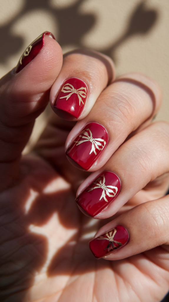 Shiny red nails adorned with tiny, delicate bows, mimicking perfectly wrapped Christmas gifts