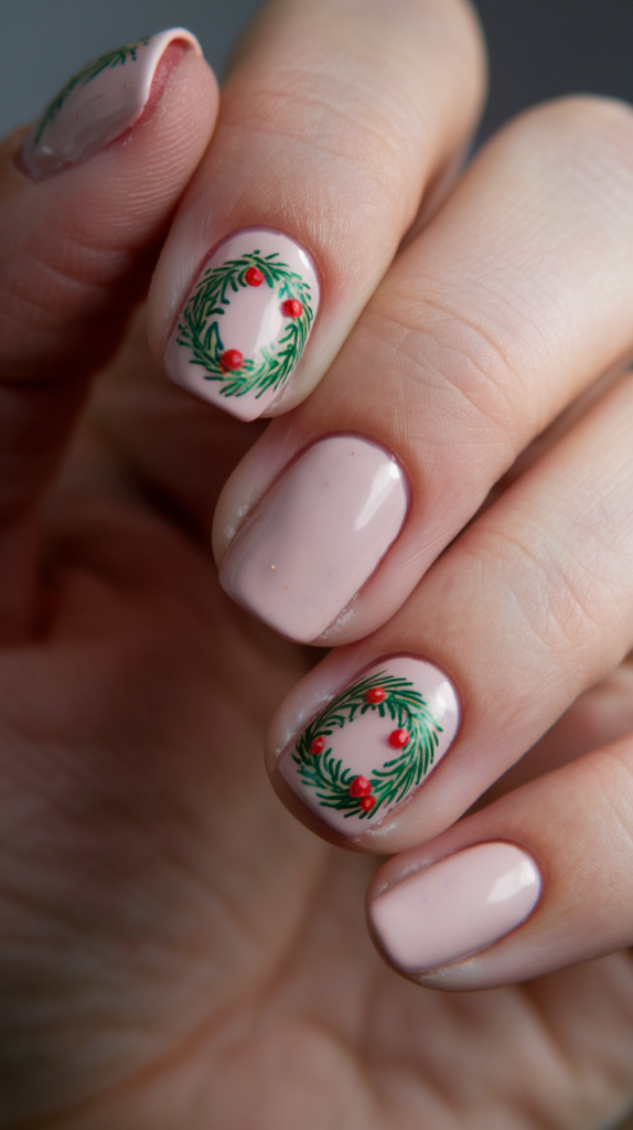 Nude nails with tiny Christmas wreaths, complete with green leaves, red berries, and a small bow on the accent nails