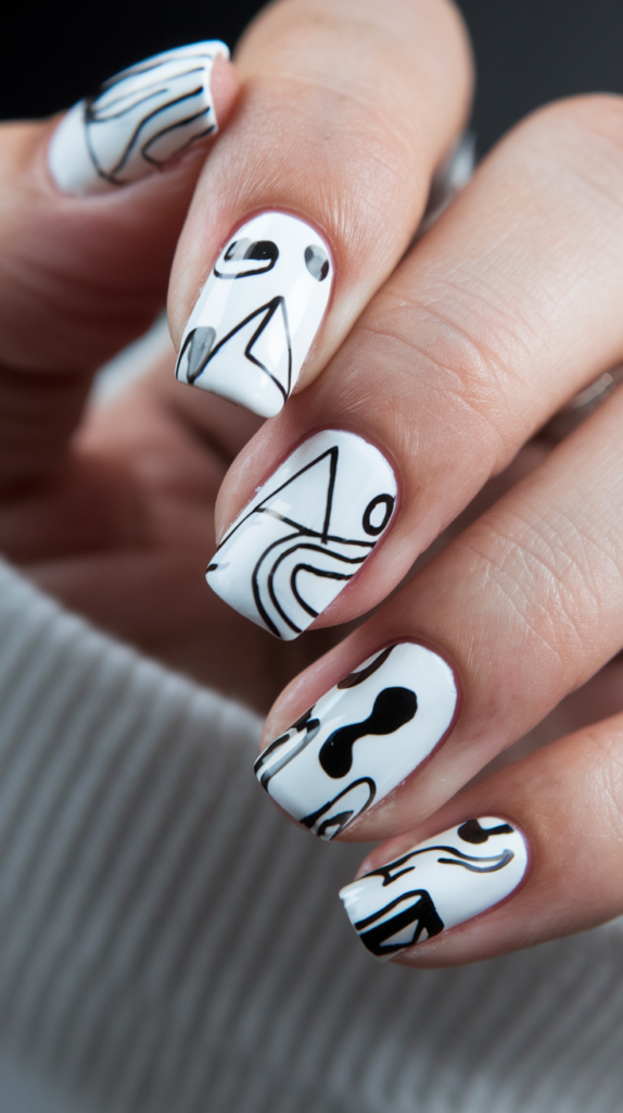 White nails with bold black outline art for a graphic, high-contrast look.