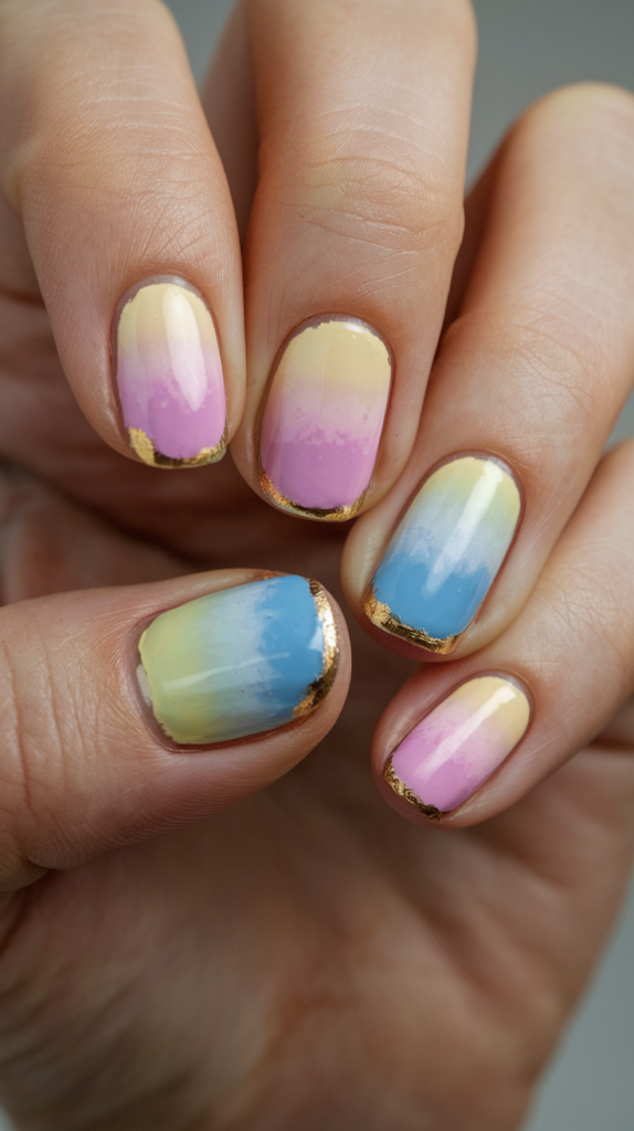 Nails with a smooth pastel gradient in shades of pink and lavender, accented with delicate pieces of gold foil near the tips for a luxurious touch.