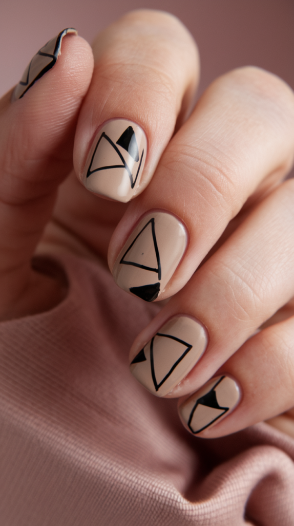 Minimalist nails with small geometric shapes, like triangles and squares, in muted tones