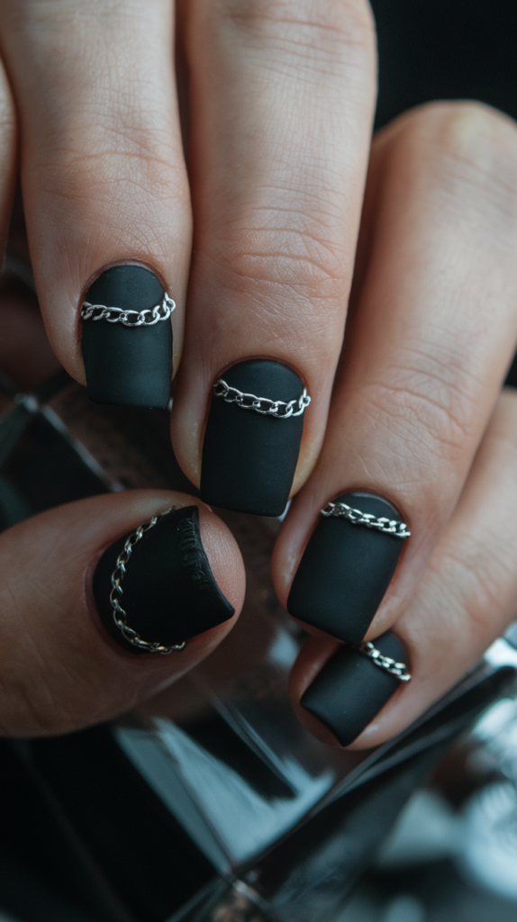 Gothic black acrylic nails with matte finish and metallic chain accents, creating a bold and rebellious design with punk-inspired elements.

