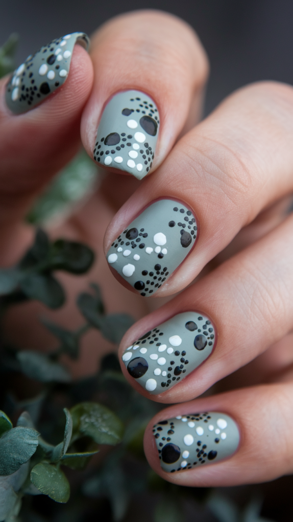 Simple yet striking black and white dotted patterns on gray nails