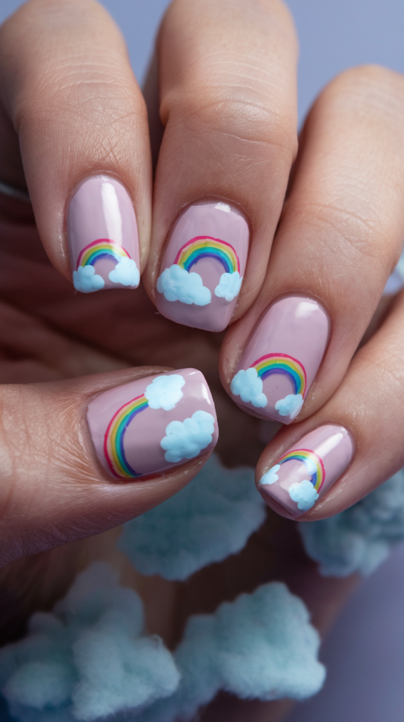 Nails with tiny hand-painted clouds and rainbows in pastel colors, set against a light blue or soft pink background for a whimsical look.