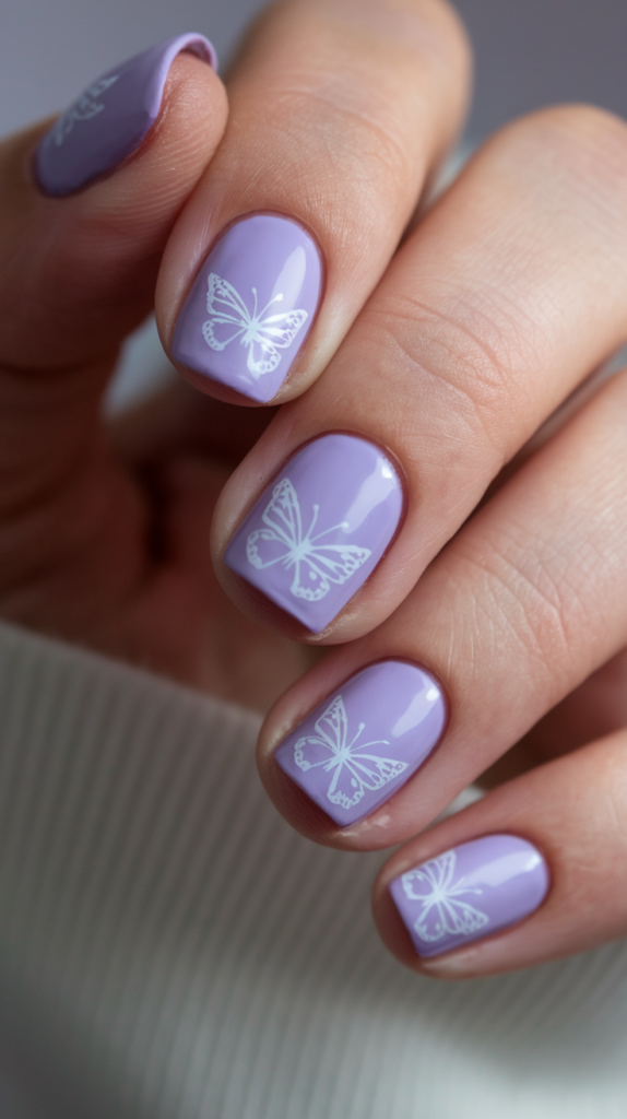 Light purple nails featuring delicate butterfly accents on one or two nails