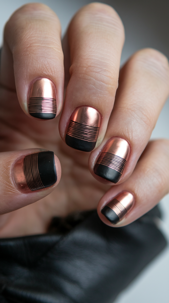 Industrial-inspired nails featuring alternating black and metallic copper stripes for a modern edge