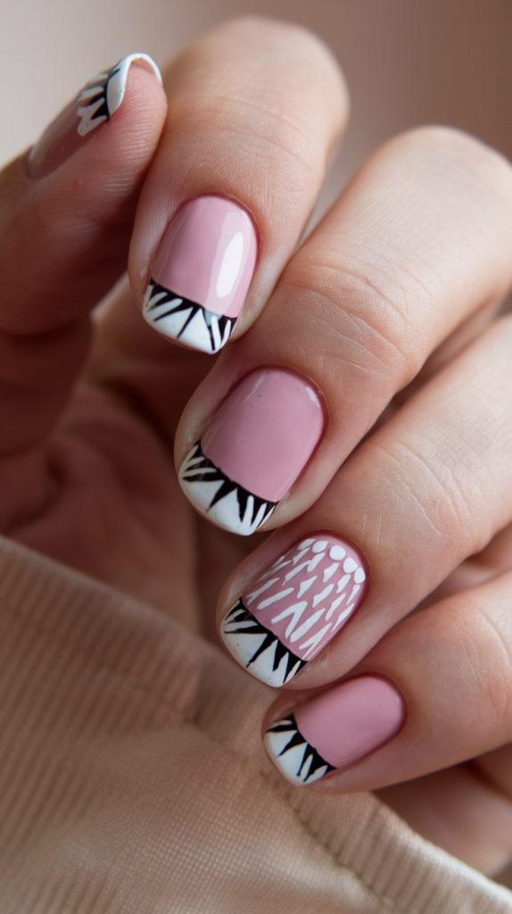 Minimalist nails with small geometric shapes, like triangles and squares, in muted tones