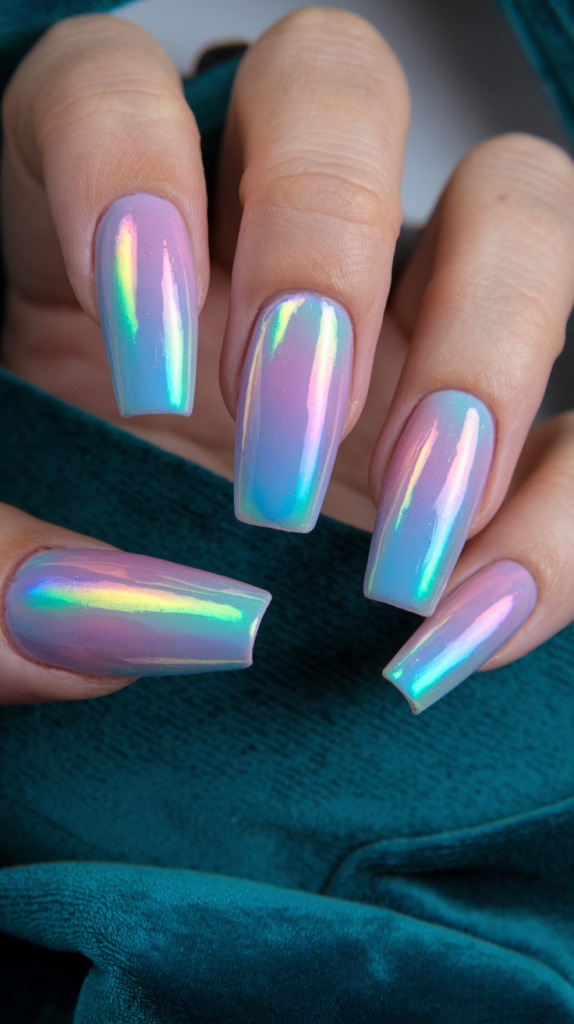 Iridescent unicorn acrylic nails with soft pastel colors that shift between pink, blue, and purple, creating a magical, ethereal shimmer.

