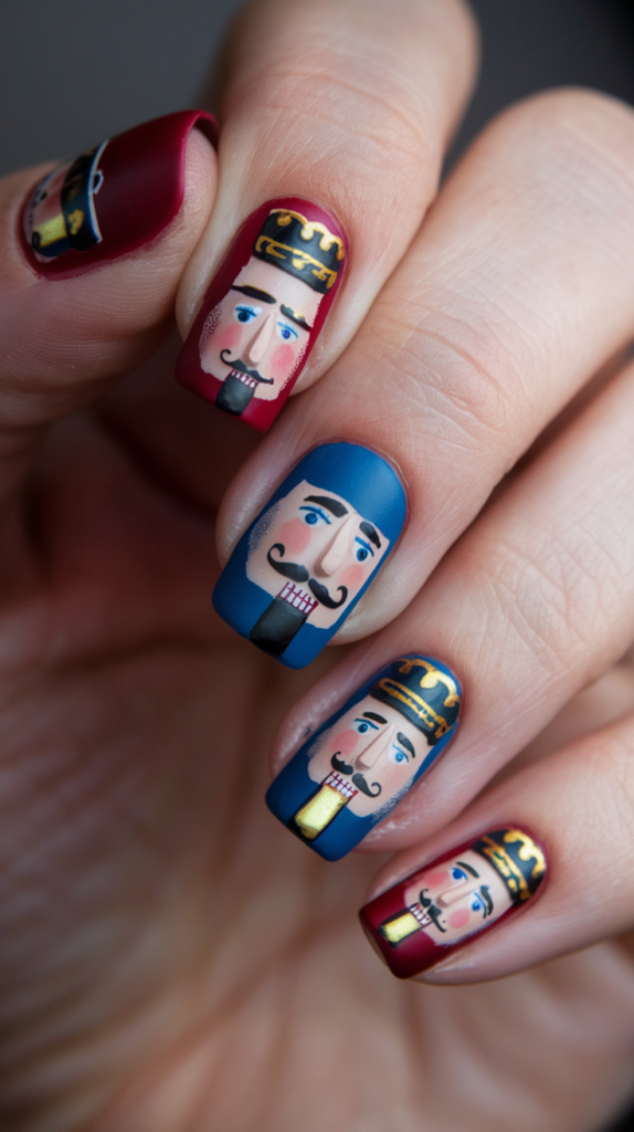 Navy blue nails with playful nutcracker faces on the accent nails, paired with bold red and gold holiday colors