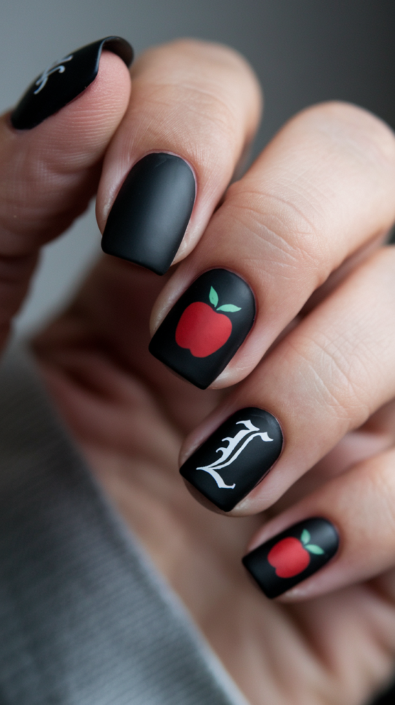 Dark black nails with the red apple, 'L' symbol, and cryptic fonts from the Death Note universe