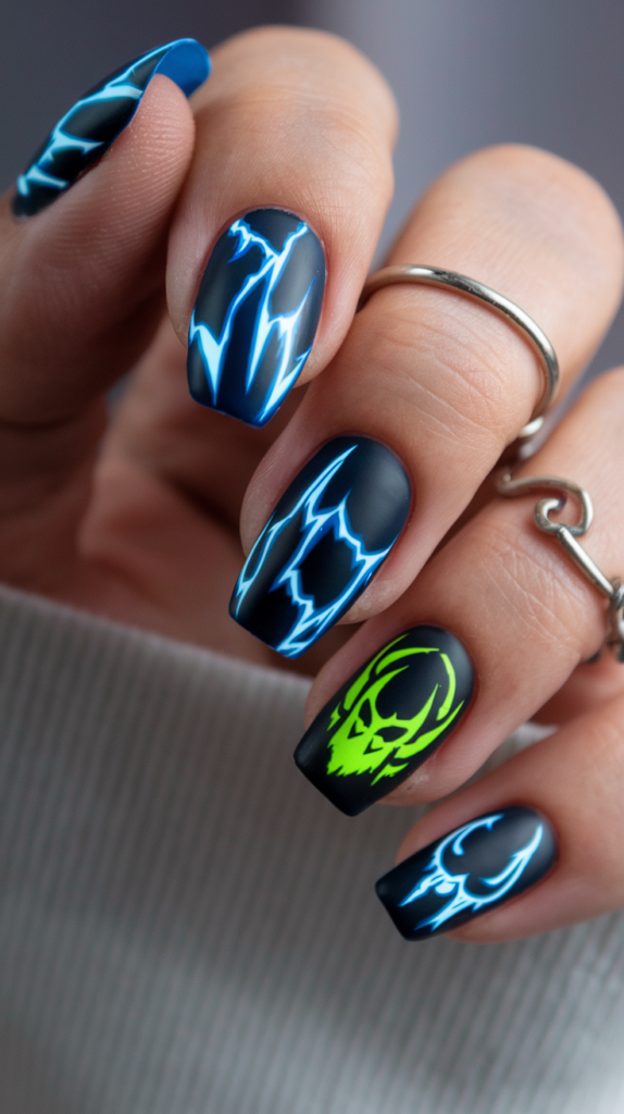 Vibrant neon nails depicting the Hunter Association symbol and Nen abilities with glowing, sharp energy effects