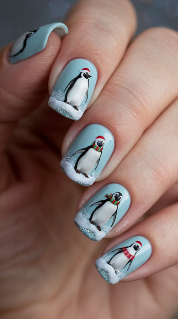 Cute black and white penguins with tiny scarves and hats on a light blue background, evoking a wintery feel