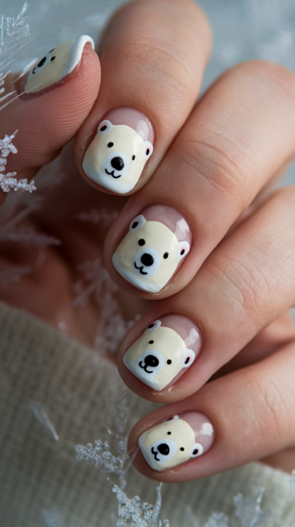 White and light blue nails featuring adorable polar bear faces with festive scarves and Santa hats