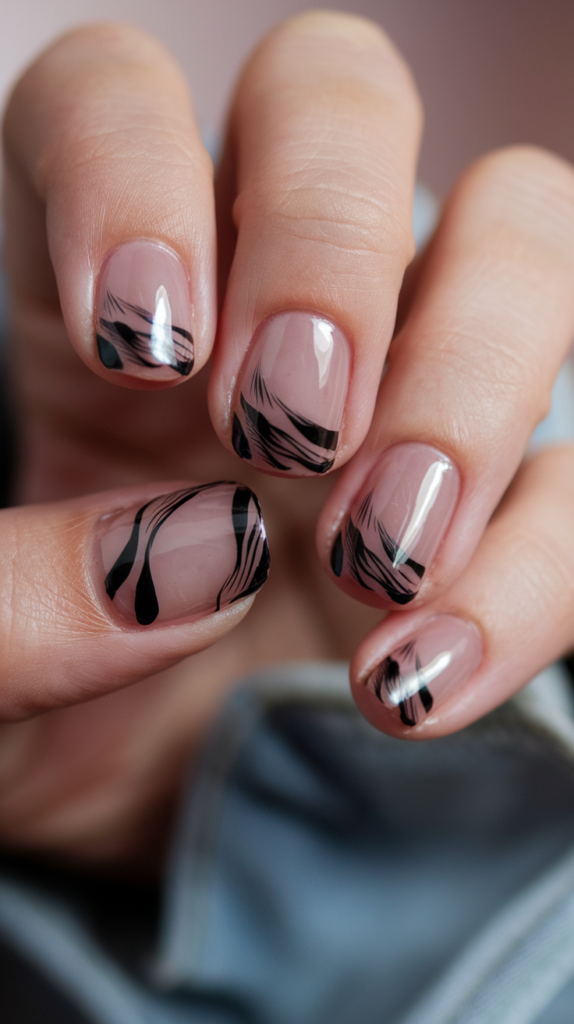 Contemporary nail art combining black polish with clear sections, playing with transparency and solid color