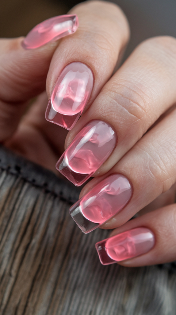 Glossy, see-through pink jelly nails with a glass-like, translucent finish for a playful, fresh look