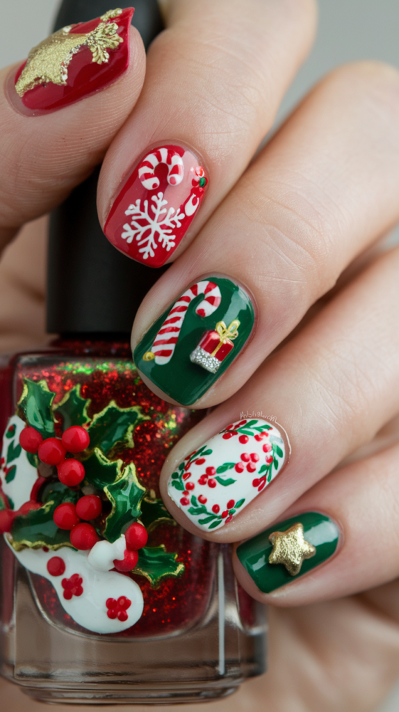 Festive Christmas nail design in red, green, and gold with holiday motifs like candy canes, snowflakes, and glittery gift box details