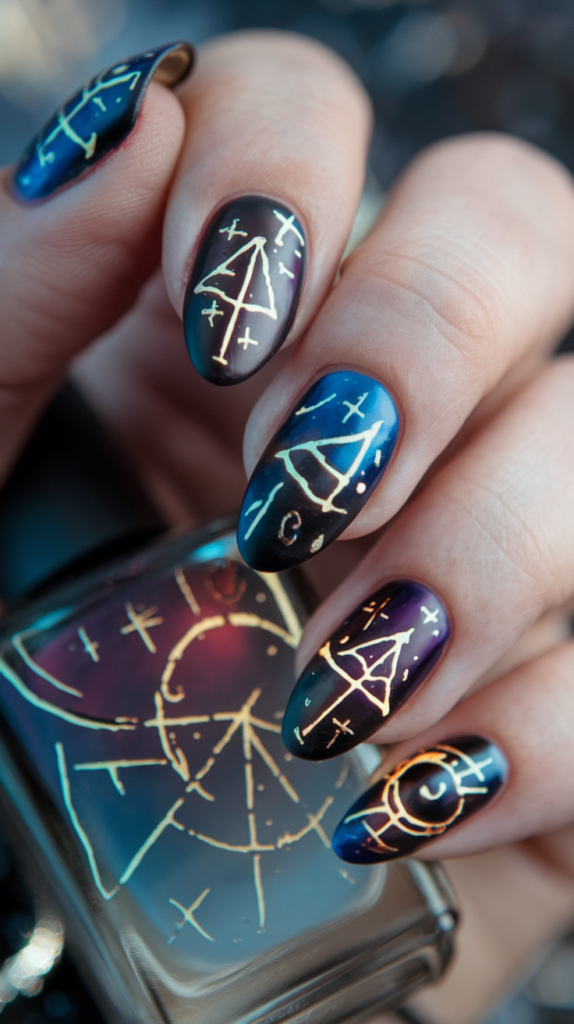 Dark enchanted nails with the Clover Kingdom’s magical symbols and glowing grimoire designs