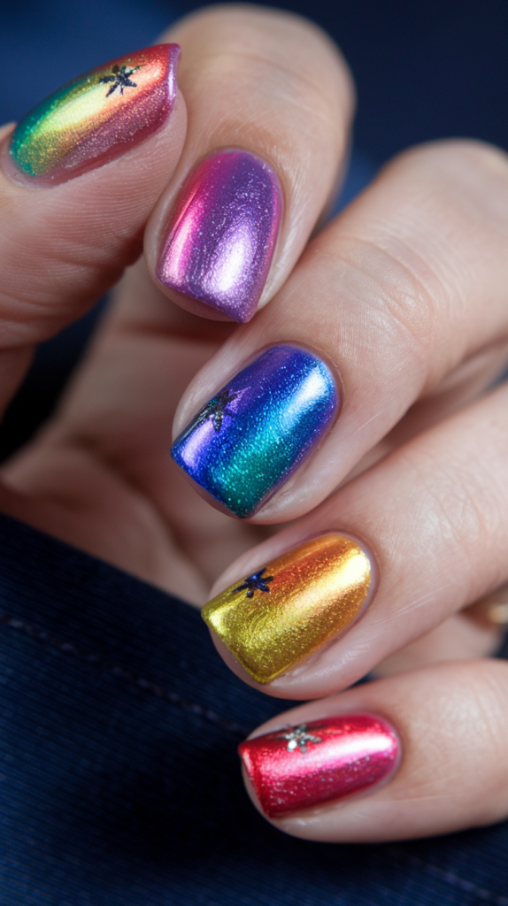 Vibrant display of holographic nails shimmering in multiple colors under light