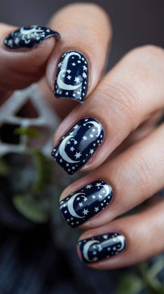 Celestial patterns with crescent moons and stars on a dark background