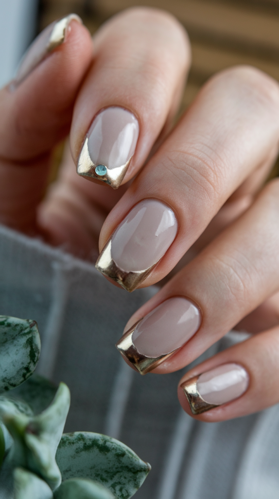 Minimalist nails with metallic or black French tips on a nude base, offering a modern twist on a classic design