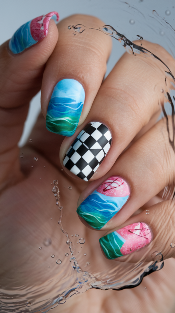 Water-colored nails featuring Tanjiro’s checkered haori pattern and Nezuko’s pink kimono design