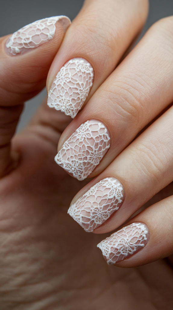 Romantic pink nails with intricate white lace patterns, offering a delicate and elegant aesthetic