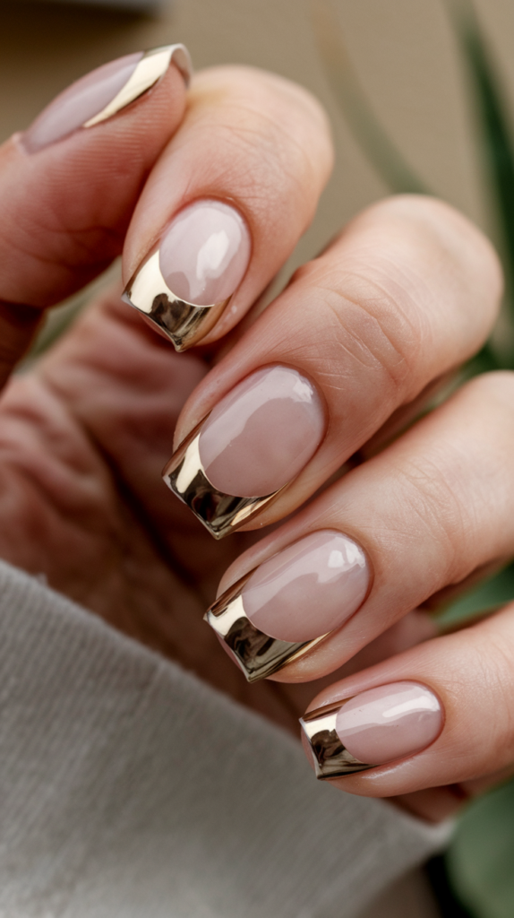 Clear nails with shiny gold chrome tips, adding a luxe twist to the French manicure.
