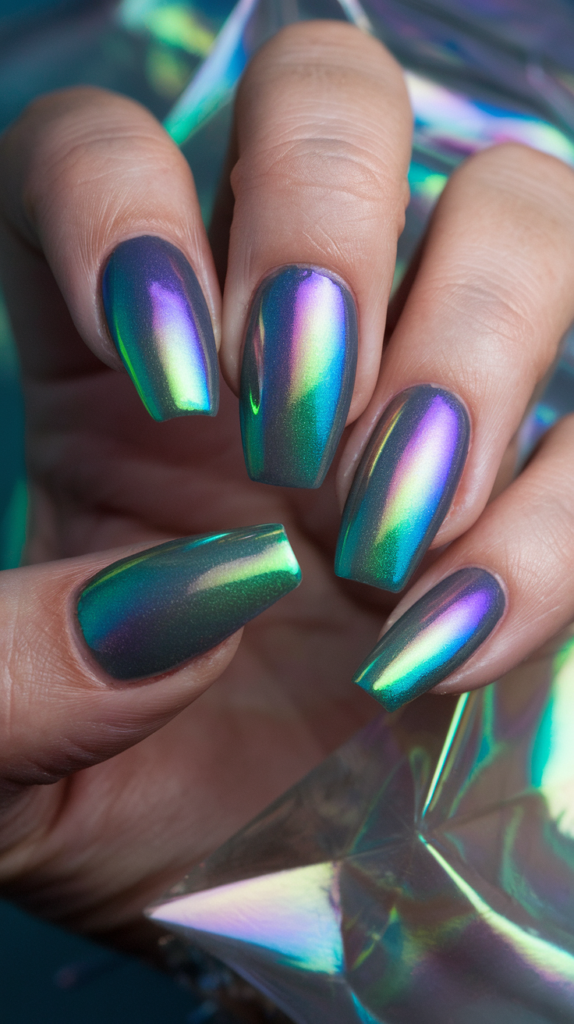 Holographic acrylic nails with an iridescent mermaid finish, shifting between soft blues, pinks, and greens for an ethereal, underwater look.

