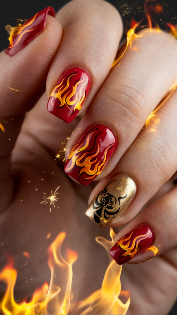 Fiery red, orange, and gold nails with the Fairy Tail guild emblem and Natsu’s fire magic bursting from the design