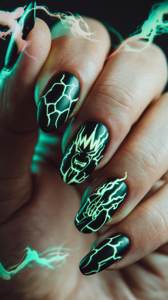 Edgy nails with cursed energy marks, Gojo’s mask, and Sukuna’s fingers, featuring neon and abstract patterns