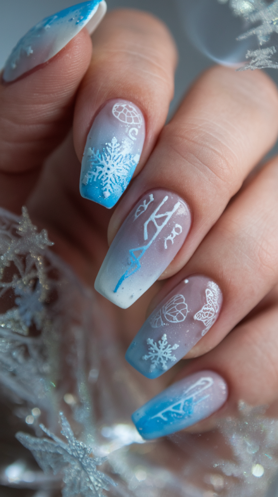 Icy blue and white nails with magical runes and delicate butterflies, inspired by Rem and Emilia’s character palettes from Re