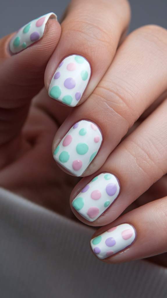 White nails with soft pastel polka dots for a cute and playful look.