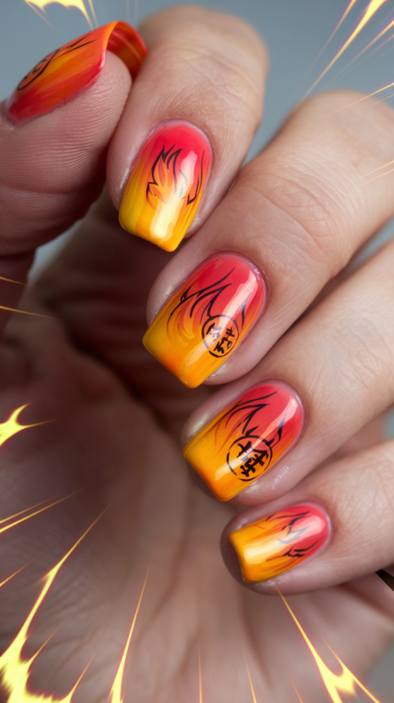 Fiery orange and yellow nails with Dragon Balls and glowing Super Saiyan auras