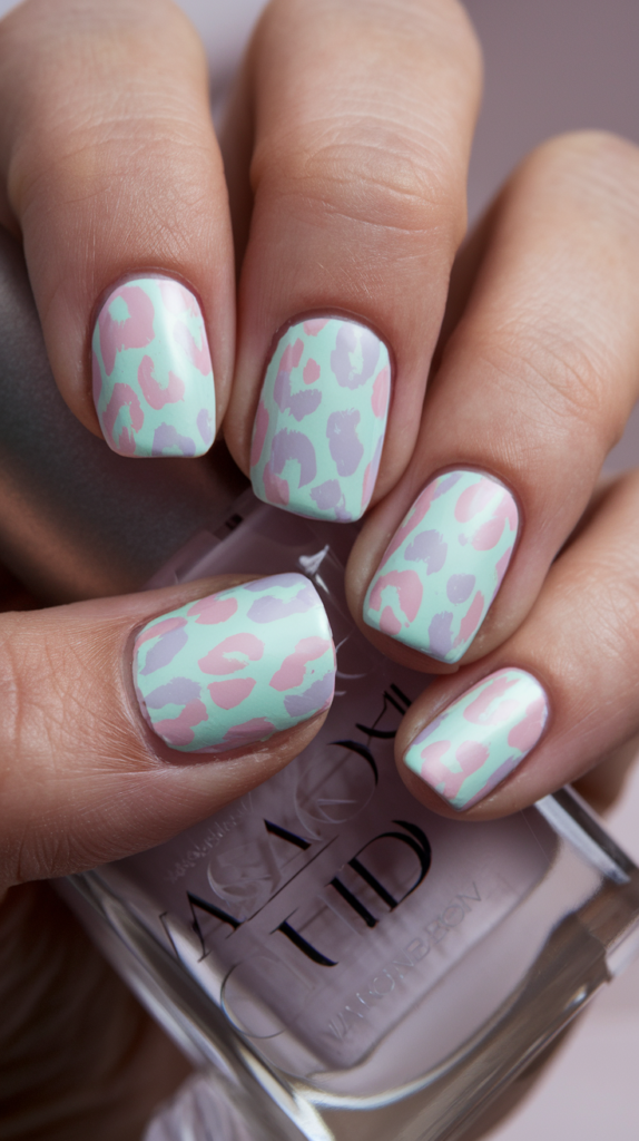 Nails featuring leopard print in pastel tones, with a soft pink base and spots in contrasting pastel shades like lavender and mint green.