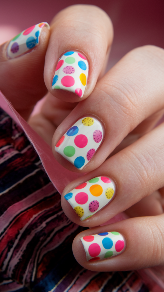 Fun and colorful polka dots of various sizes on a white nail base