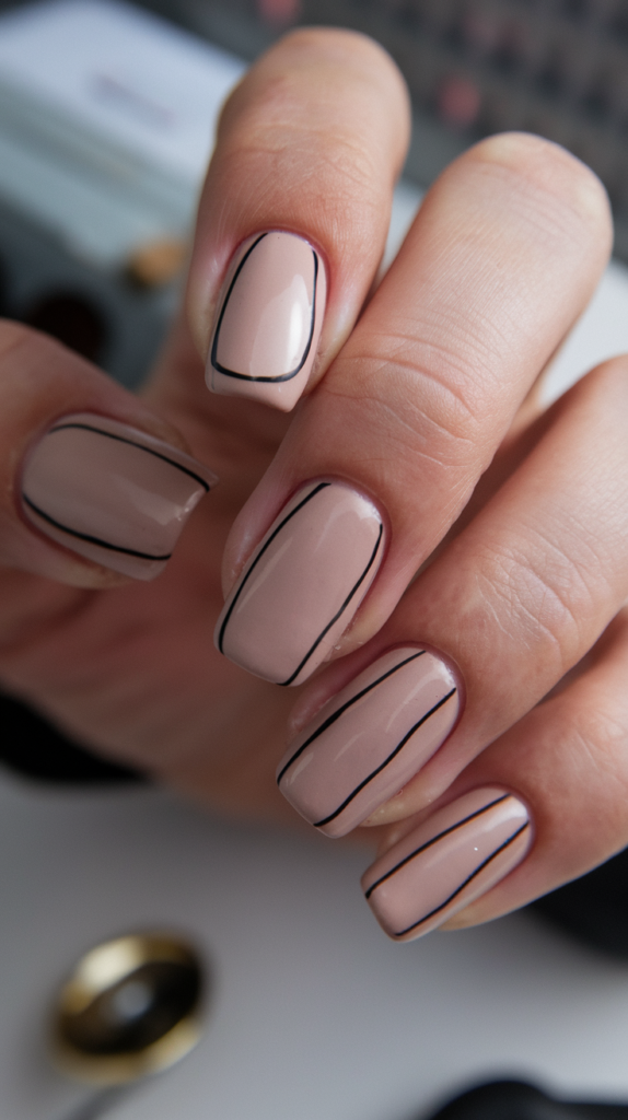 Minimalist nails with small geometric shapes, like triangles and squares, in muted tones