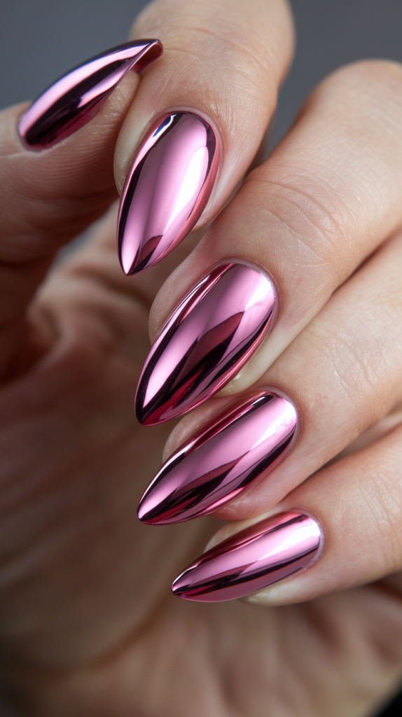 High-shine chrome nails in a vibrant pink shade, reflecting light for a futuristic, mirror-like effect