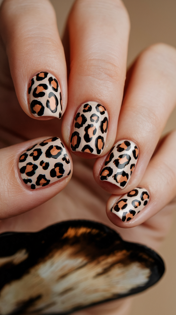 Trendy leopard print patterns in black over a beige base, perfect for a wild and adventurous style