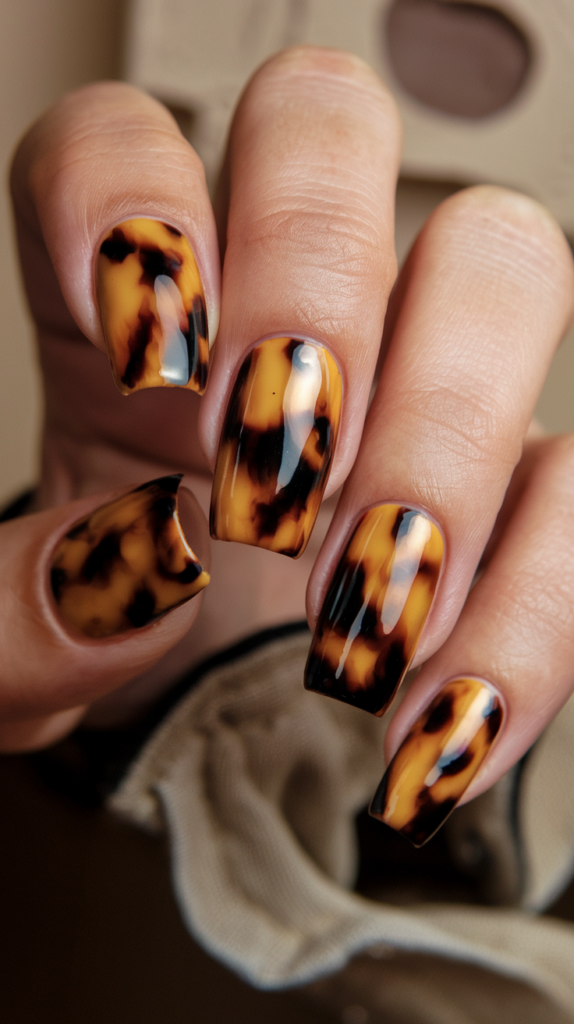 Tortoiseshell acrylic nails with warm amber and brown patterns, mimicking the natural look of tortoiseshell for a vintage and stylish design.

