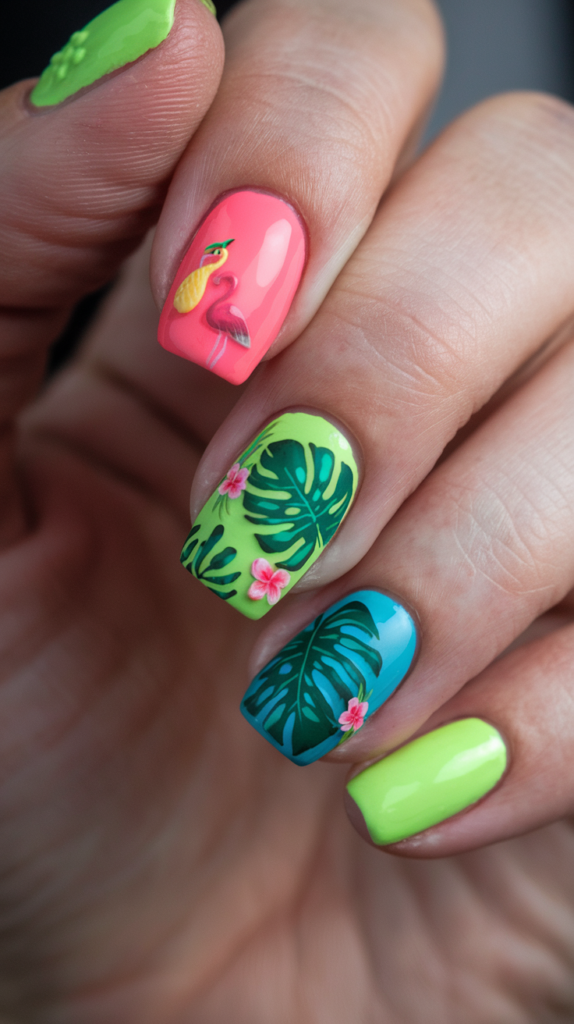 Tropical nail design featuring neon hues of lime green and coral with detailed palm leaf patterns and hibiscus flower accents