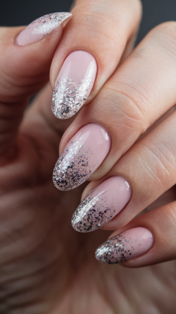 Soft pink base nails with a glittery fade at the tips, giving the classic French manicure a sparkling twist