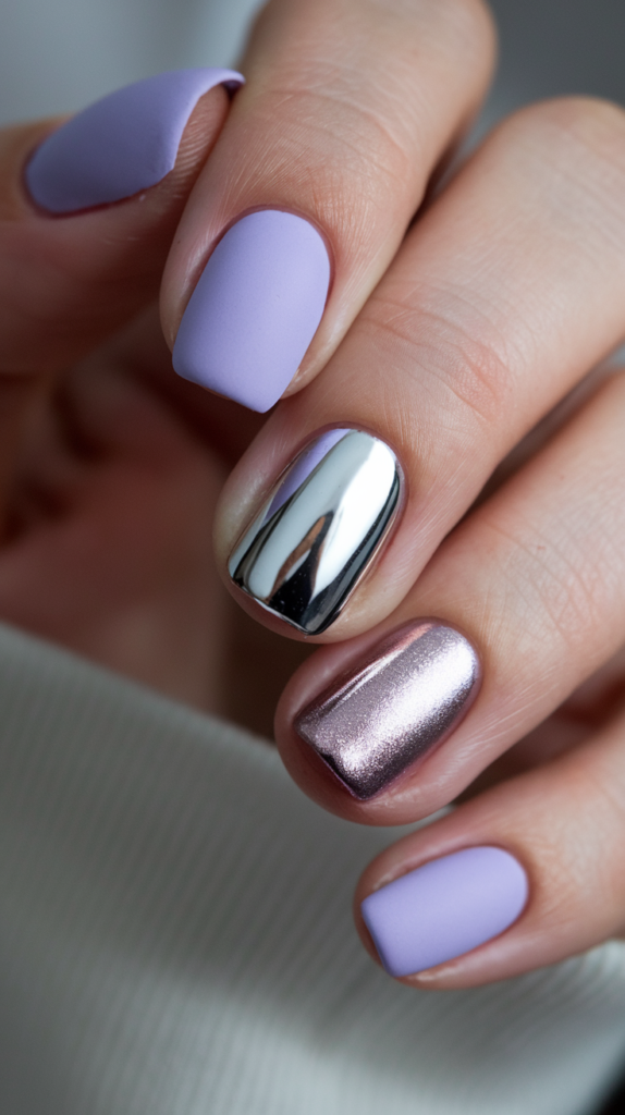 Matte lilac nails paired with a shiny, chrome accent nail for a modern look.
