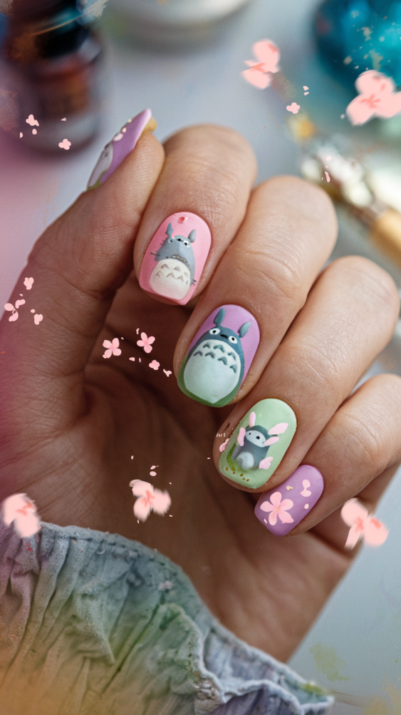 Soft pastel nails featuring minimalist Totoro, No-Face, and Haku’s dragon form in an adorable design