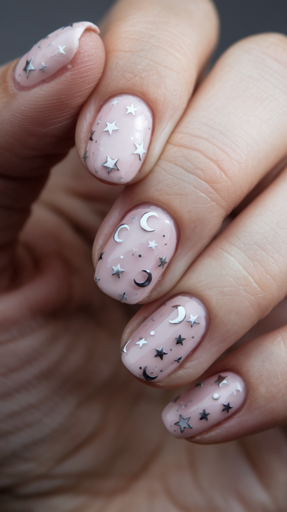 Whimsical pink nails decorated with tiny white stars and crescent moons for a celestial-inspired look