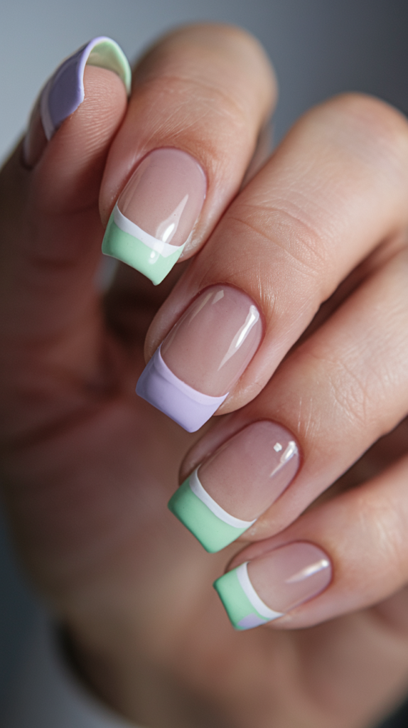 Minimalist nails with small geometric shapes, like triangles and squares, in muted tones