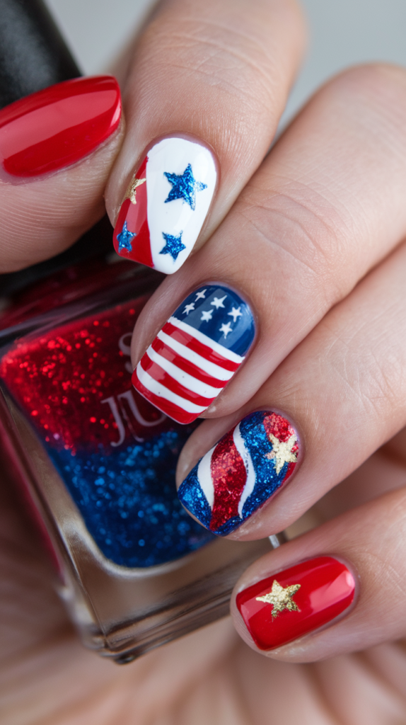 Patriotic nail art in red, white, and blue with star and stripe motifs, finished with glitter and chrome accents for a bold look