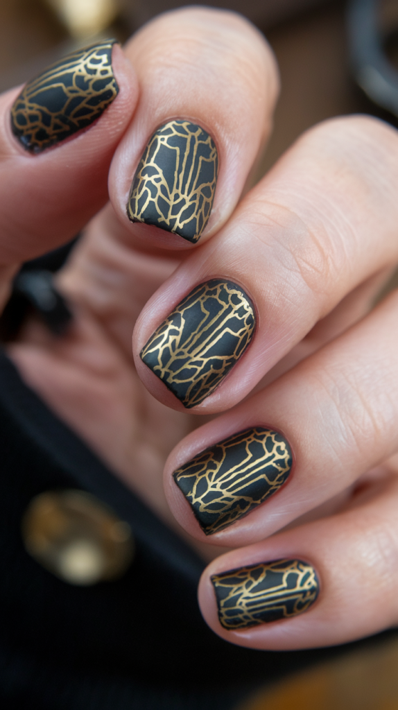 Art deco-inspired nail design with bold geometric shapes and metallic lines