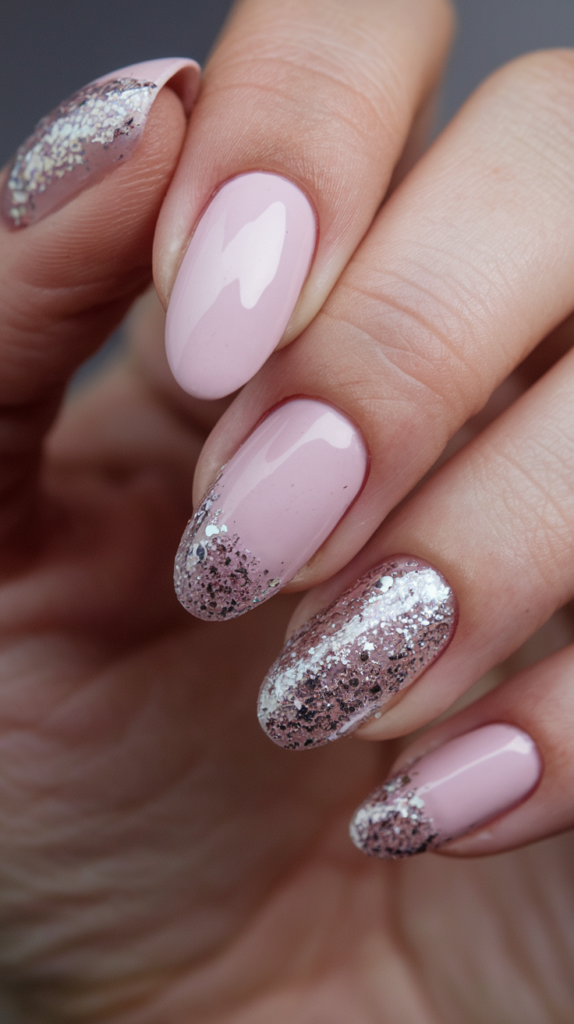 Classic pink nails with glitter accent nails, adding a touch of sparkle and glamor to a simple design