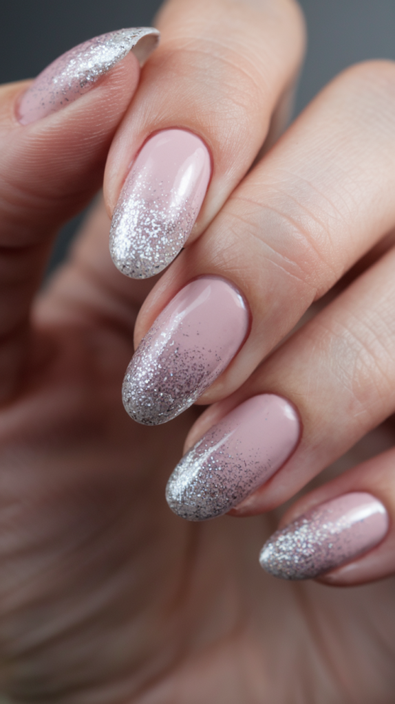 Nails featuring a soft pink base with a silver glitter gradient at the tips, creating a glamorous, sparkling effect