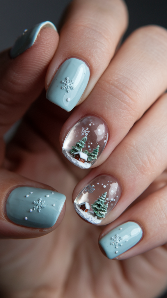 Clear glittery nails with detailed snow globe scenes on accent nails, featuring snowy houses and trees